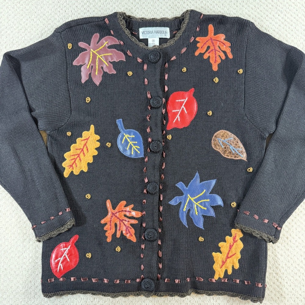 Vintage Fall Leaves Sweater Womens Med Cardigan Teacher Grandma Cottage Novelty